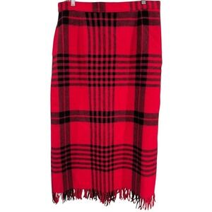 Vintage Woolrich Plaid Long Skirt‎ Fringe Wool Blend Red Black Sz 12